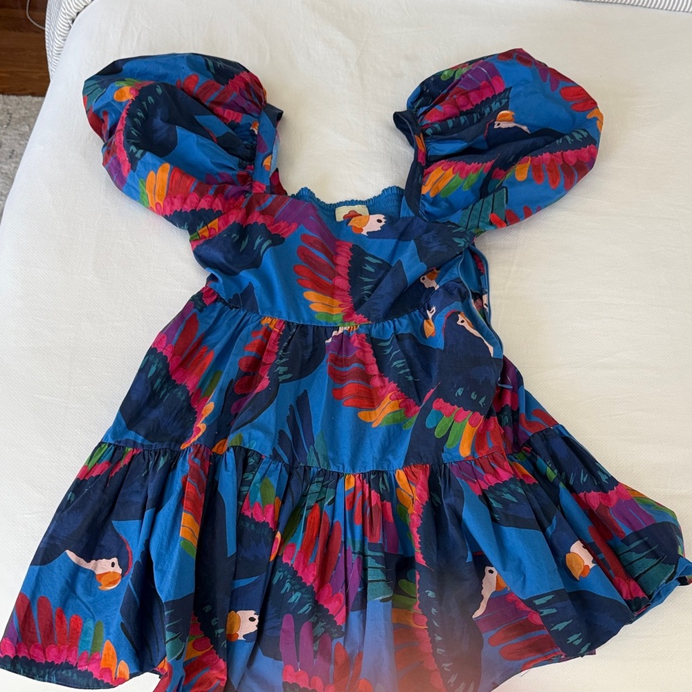 Farm rio Vibrant Blue Parrot Print Puff-Sleeve Mini Dress